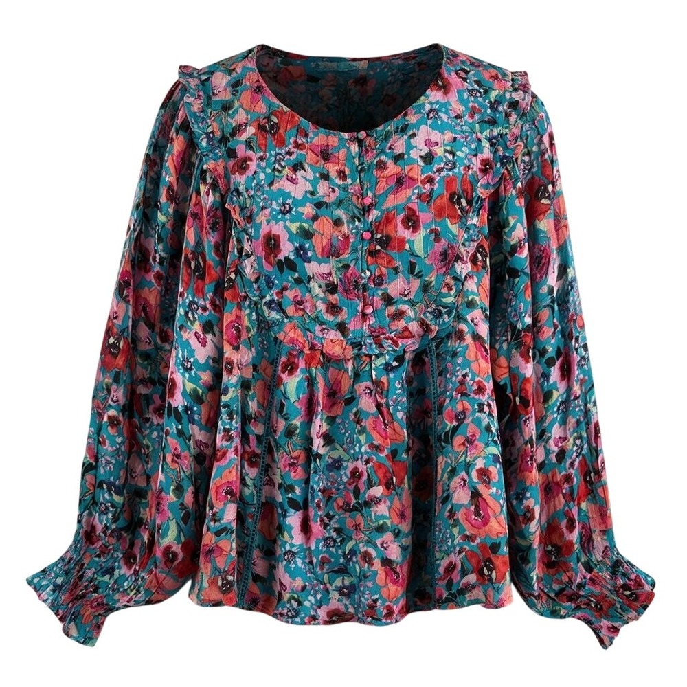 Hale Bob Floral Blouse sz M colorful Boho Ruffle Smocked bishop sleeve fairy